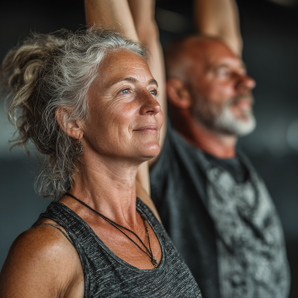 Група людей зрілого віку займається творчим фітнесом з музичним супроводом у затишній студії
