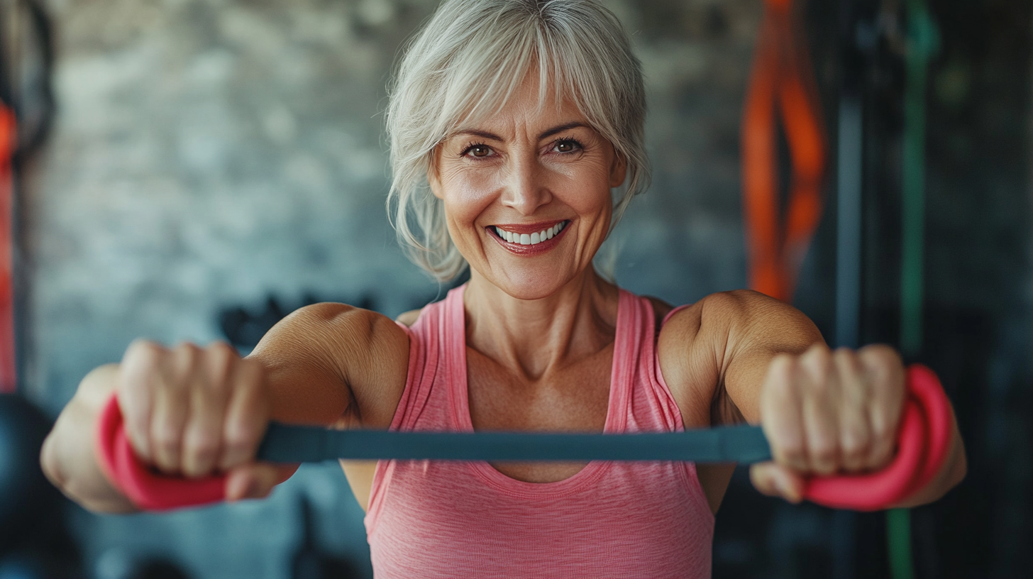 Усміхнена жінка середнього віку в спортивному одязі виконує творчі рухи з легкими гантелями в сучасній фітнес-студії